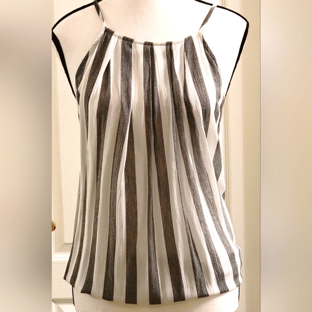 Spaghetti Strap Blouse by STACCATO in Grey & Black Stripe sz Large NWT